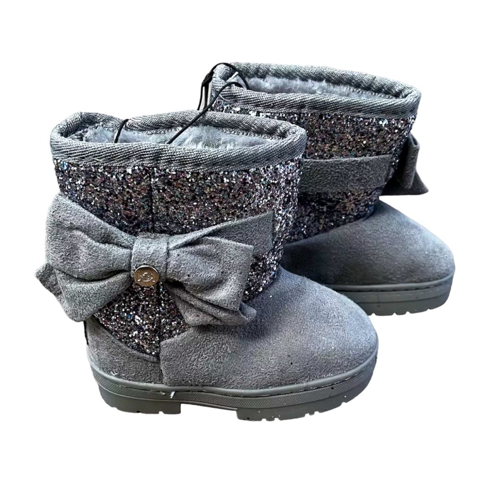 Bebe Girls Gray Glitter Bow Winter Boots, Faux Fur Lined, Toddler Girl NEW